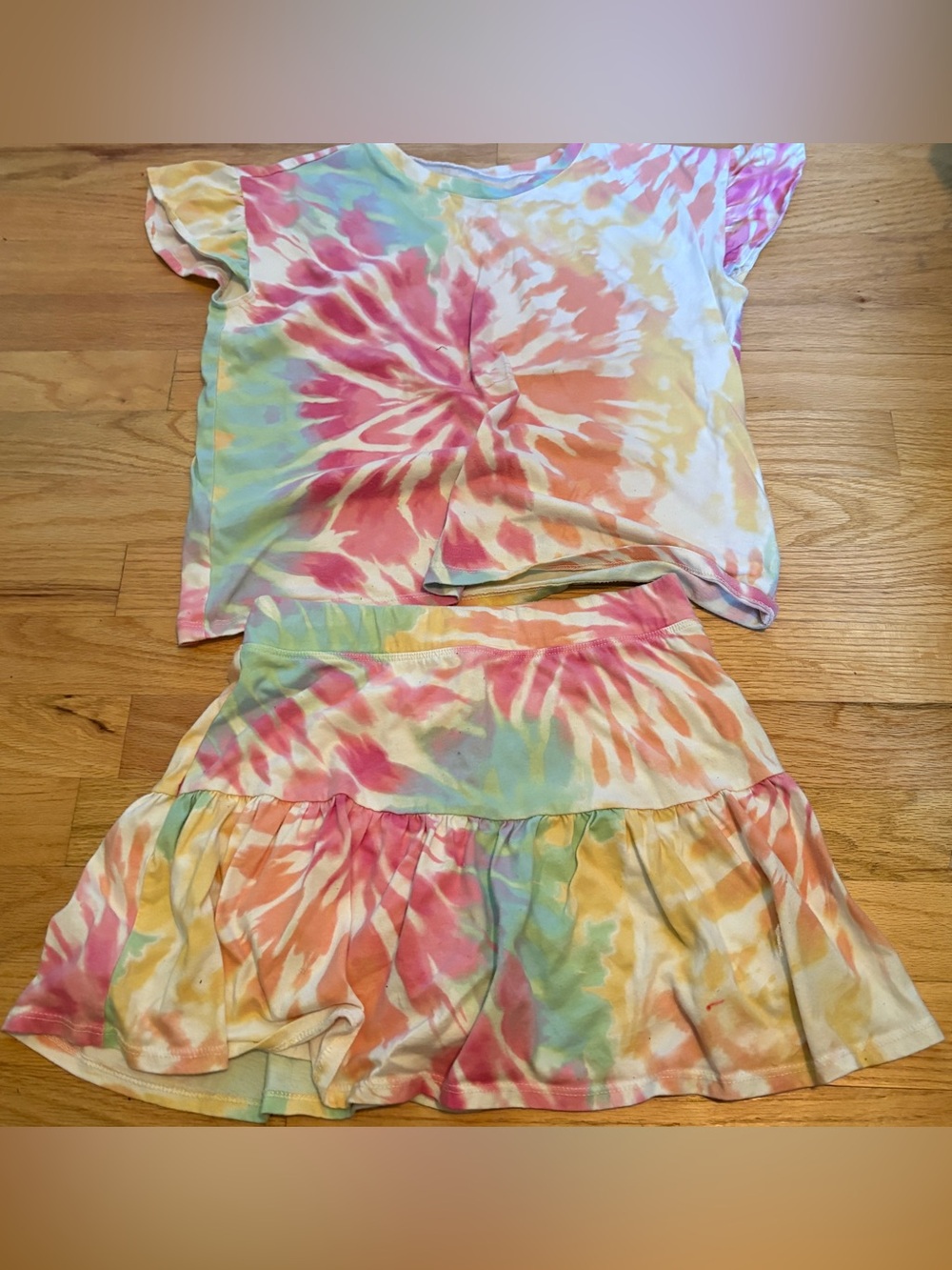 Girls Tie-Dye Two-Piece Top & Skirt Set - Pastel Rainbow Size XL